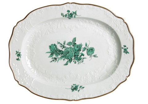 Plato ovalado 44x32 cm, Bouquet verde-cobre, borde dorado