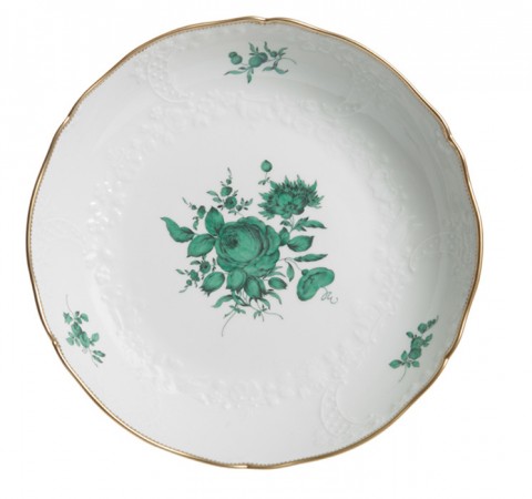 Plato de guarnicion 25,5 cm, Bouquet verde-cobre , borde dentado de oro