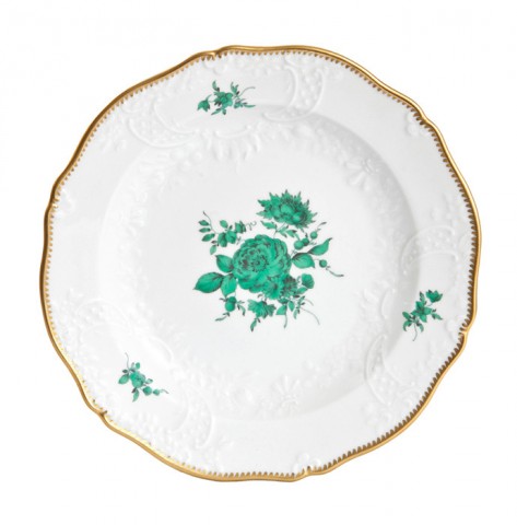 Plato de postre d 20 cm, Bouquet verde-cobre, borde dentado de oro