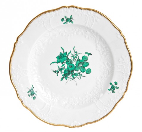 Plato de mesa 25 cm, Bouquet verde-cobre, borde de oro