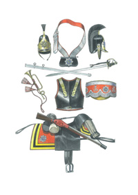 Regimiento de la Guardia Montada: casco de soldado, bandolera con cacerina, casco y espada del ano 1808 para oficial, trompeta, coraza para oficial, timbales, telliz.
