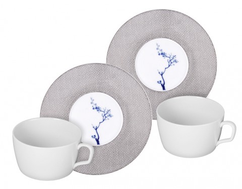 juego tazas con sus platillos, Orquidea Azul y Malla de Platino